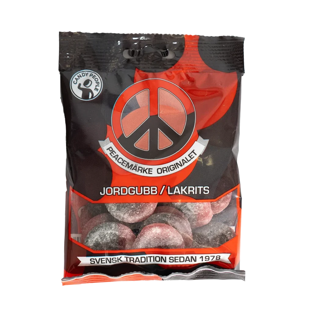 Porin makeistukku, peace marke jordgubb-lakrits